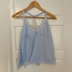 Laura Ashley Light Blue Gingham Lace Trim Pajama Top Sleepwear